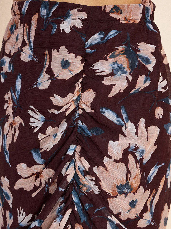 Antheaa Brown Rounched Floral Printed Square Neck Puff Sleeve Co-Ords