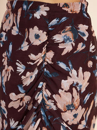 Antheaa Brown Rounched Floral Printed Square Neck Puff Sleeve Co-Ords