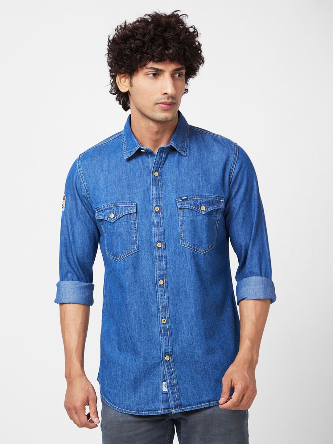 SPYKAR Graphic Printed Slim Fit Opaque Denim Casual Shirt