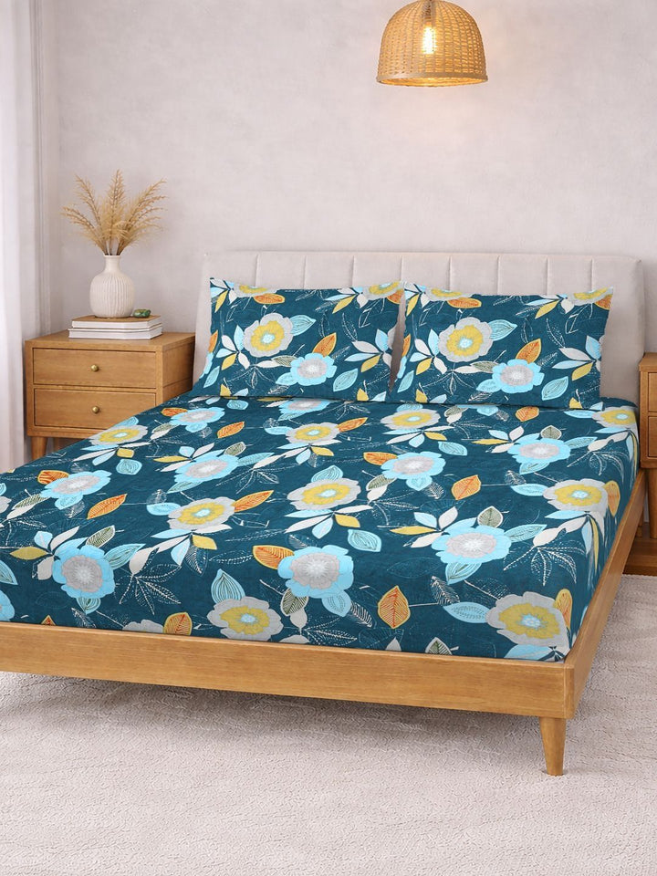 KLOTTHE Blue Floral Printed 300 TC Cadar King