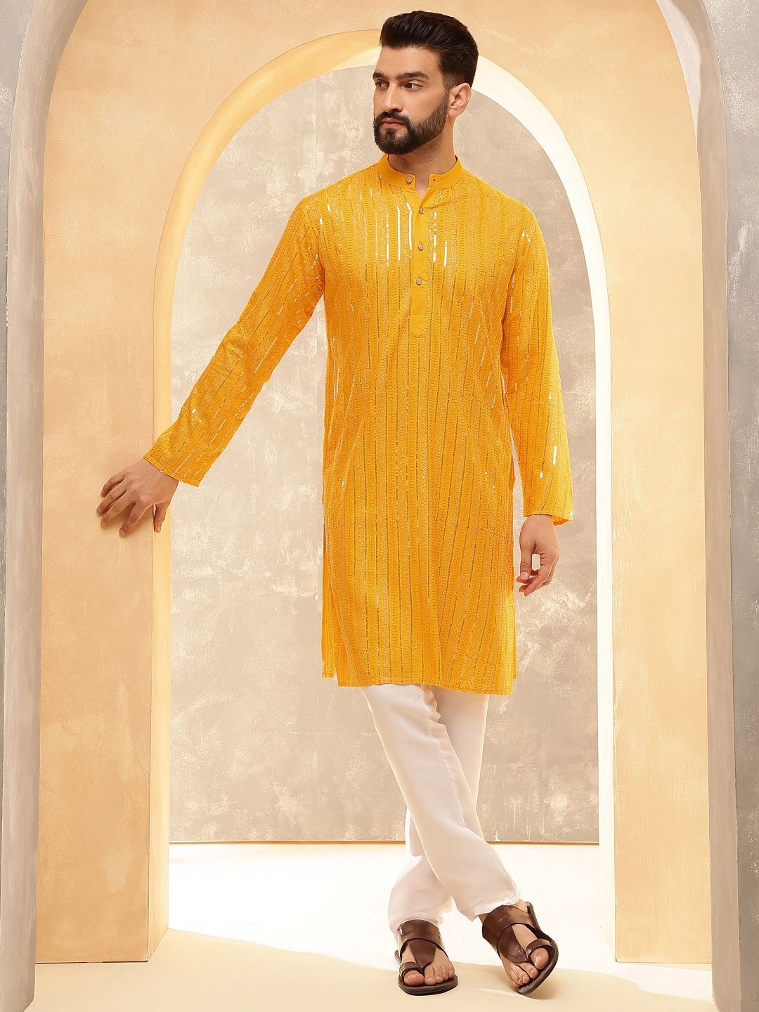 Anouk Mustard Striped Sulam Labuci Mandarin Kolar Kapas Tulen Kurta Dengan Pijama