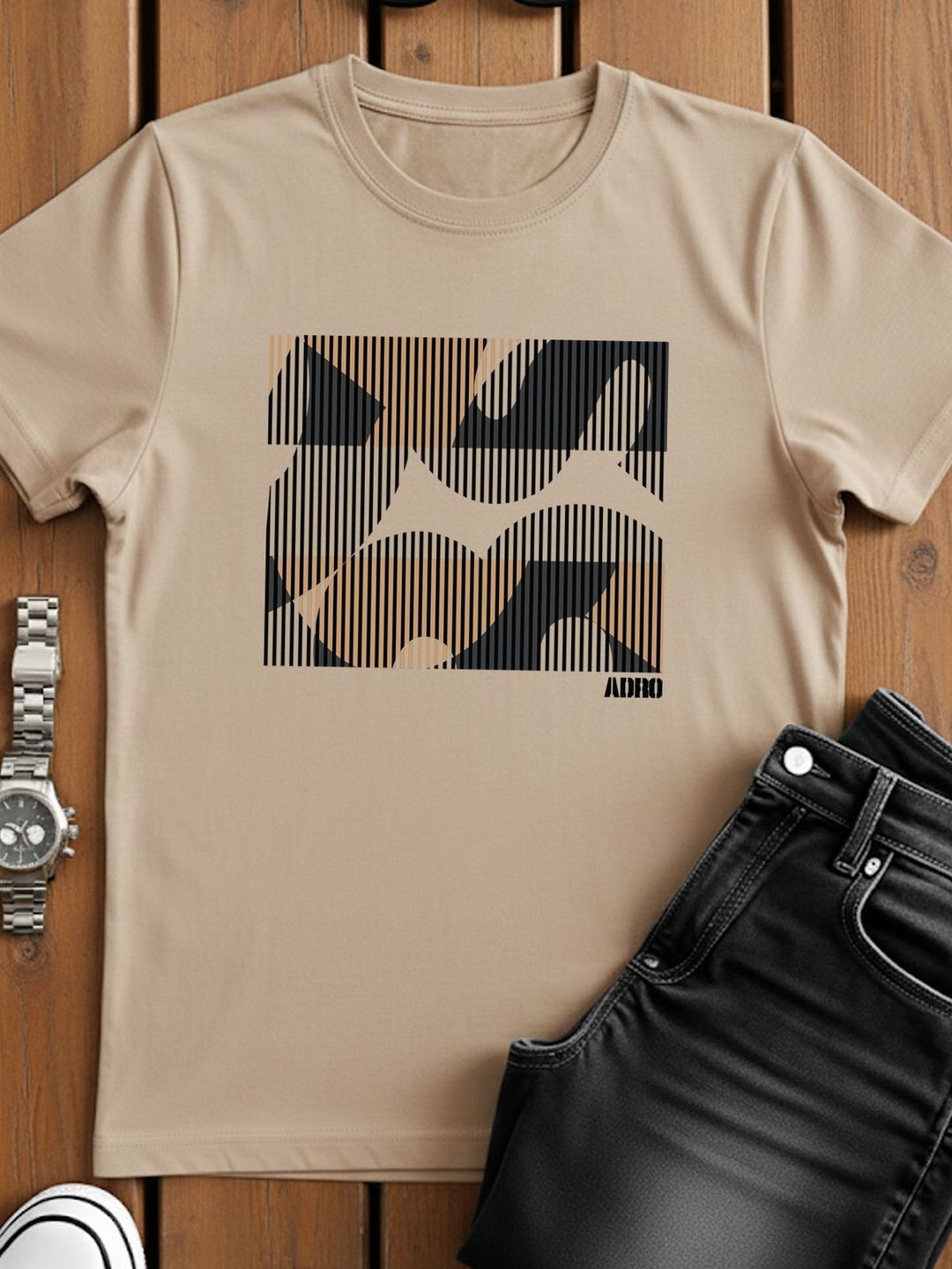 ADRO Geometrik Bercetak Leher Bulat Mesra Kulit T-shirt Fit Biasa