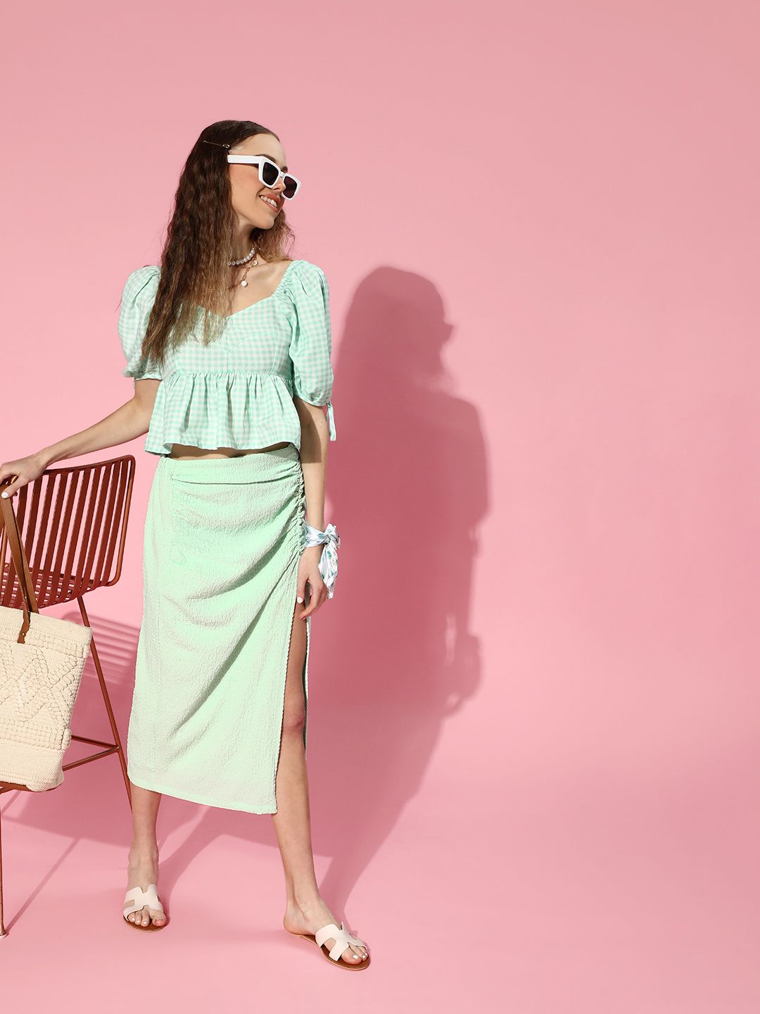 SASSAFRAS Women Green Solid Side Slit Midi Skirt