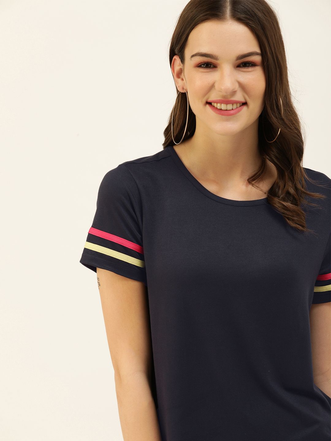 DressBerry Women Navy Blue Solid Round Neck T-shirt