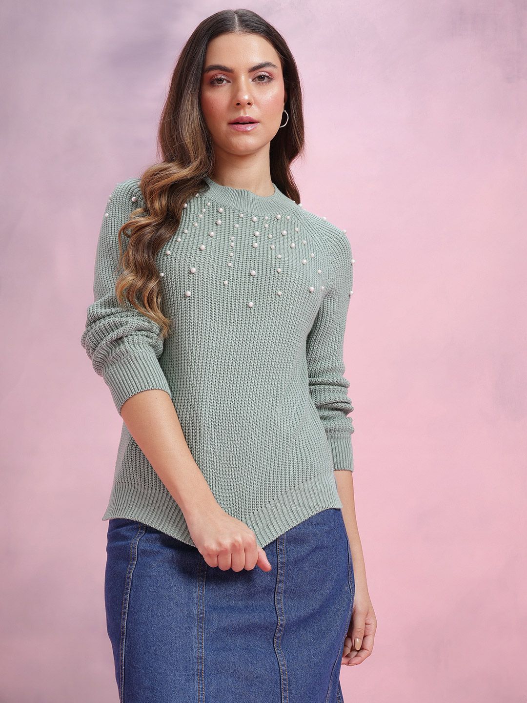 DressBerry Knitted Acrylic Pullover with Pearl Embellished