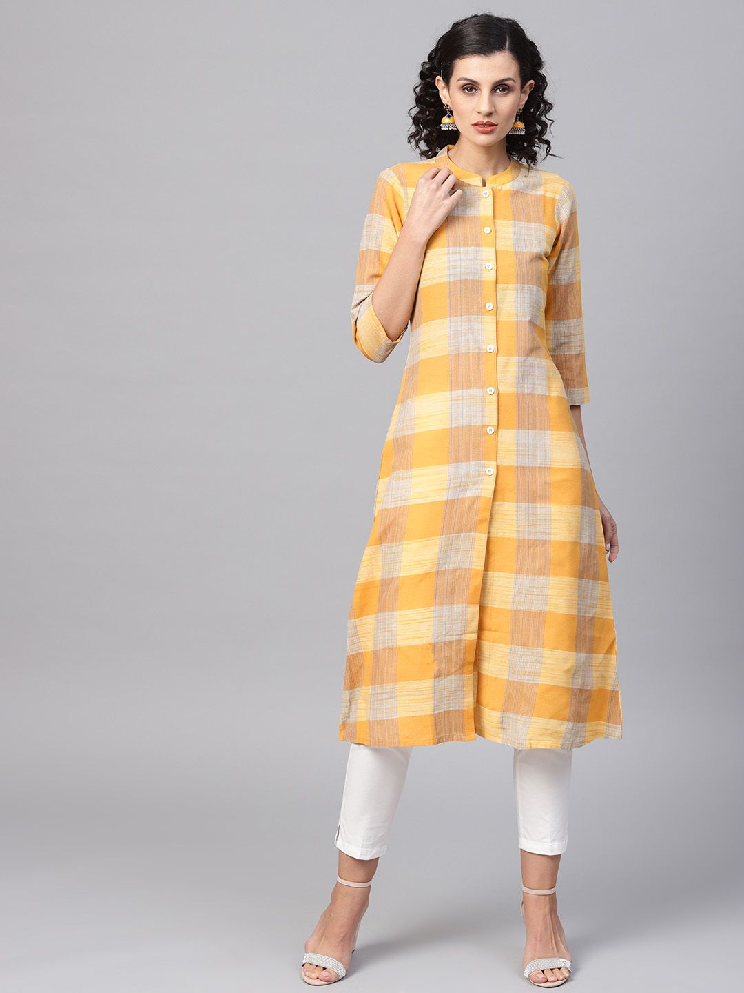 SOJANYA Women Yellow Checked A-Line Kurta