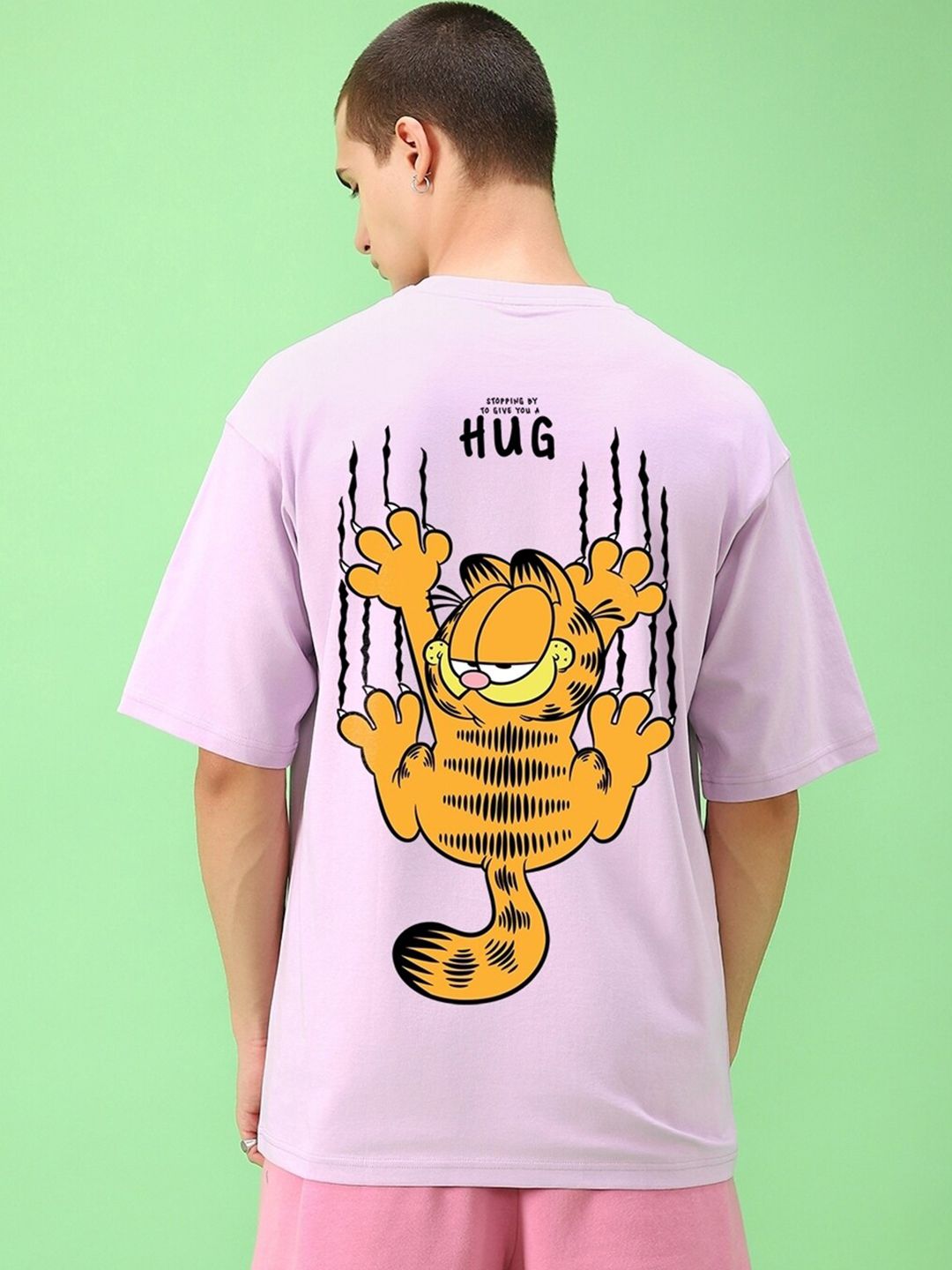 Bewakoof Purple Garfield Printed Round Neck Short Sleeves Cotton Oversized T-shirt