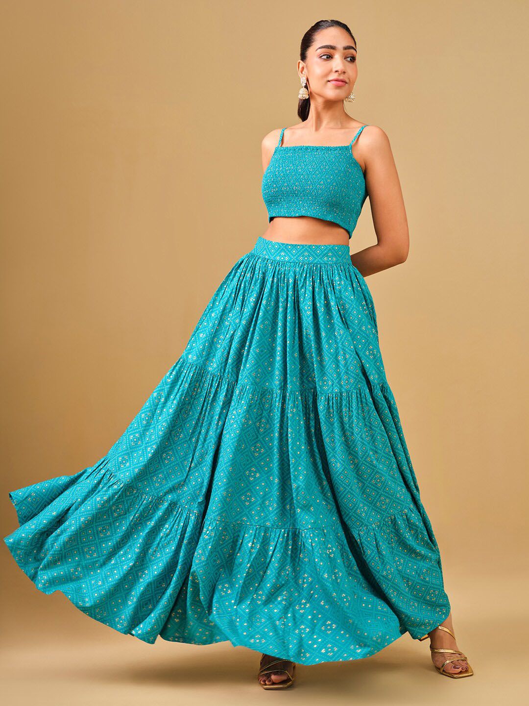 Global Desi Printed Crop Top & Maxi Skirt Co-ords