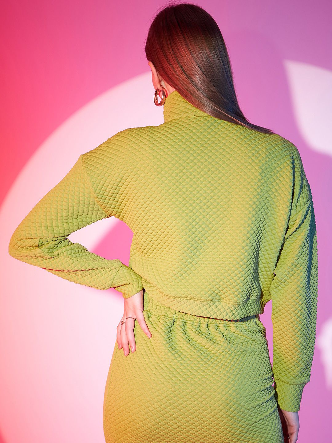 STREET 9 Green Self Design Crop Bomber Jacket