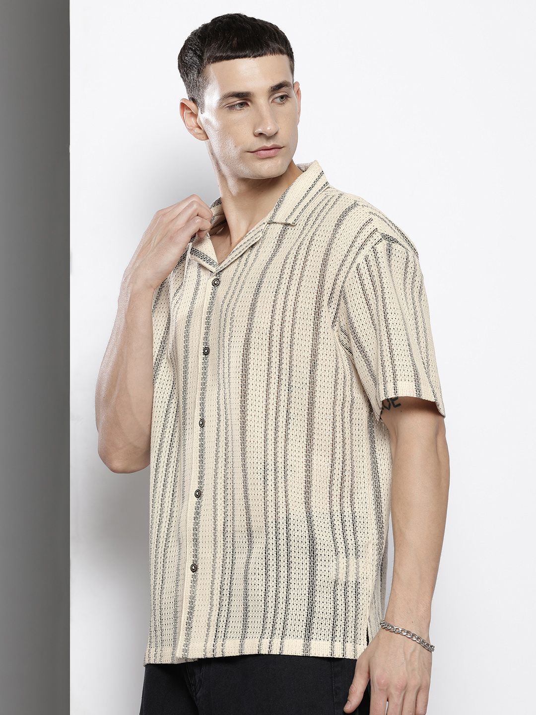 The Indian Garage Co Men Textured Open Weave Knitted Relaxed Fit Shirt
