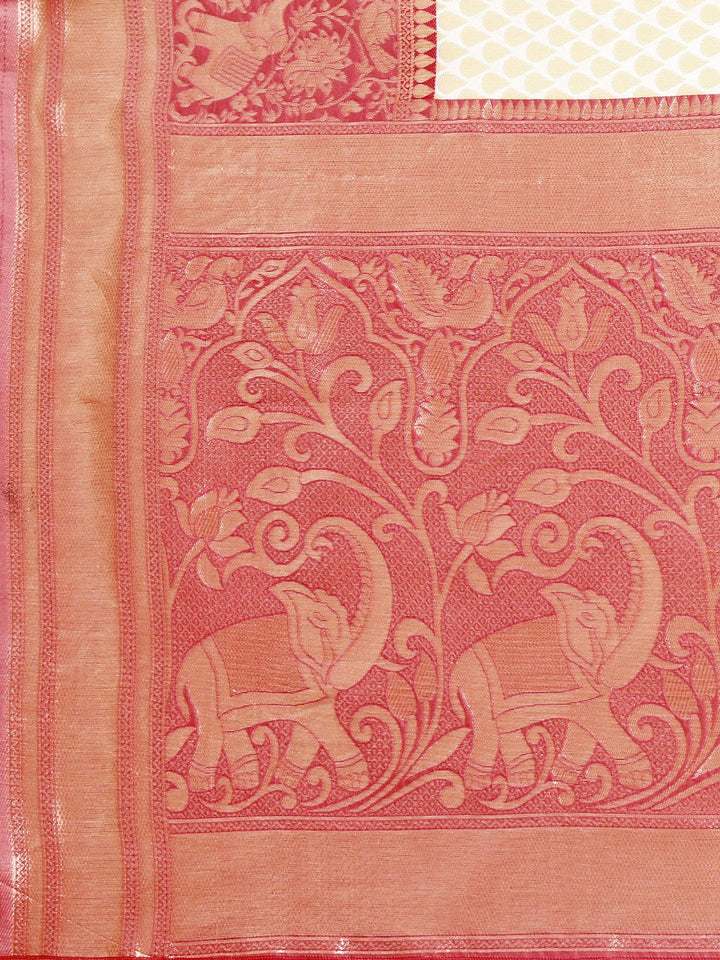Saree mall Off White & Pink Ethnic Motifs Zari Silk Blend Kanjeevaram Sarees