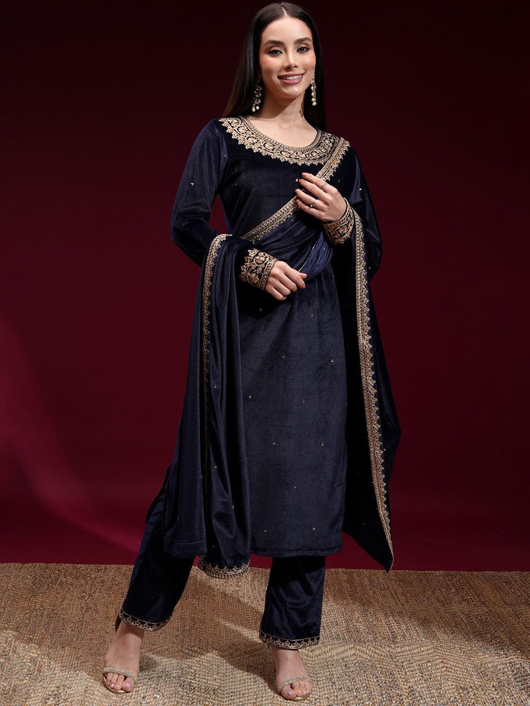 Vishudh Women Embroidered Velvet Straight Kurta with Slim Pants and Dupatta
