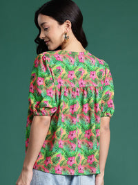 DressBerry Tropical Print Tie-Up Neck Puff Sleeves Empire Top