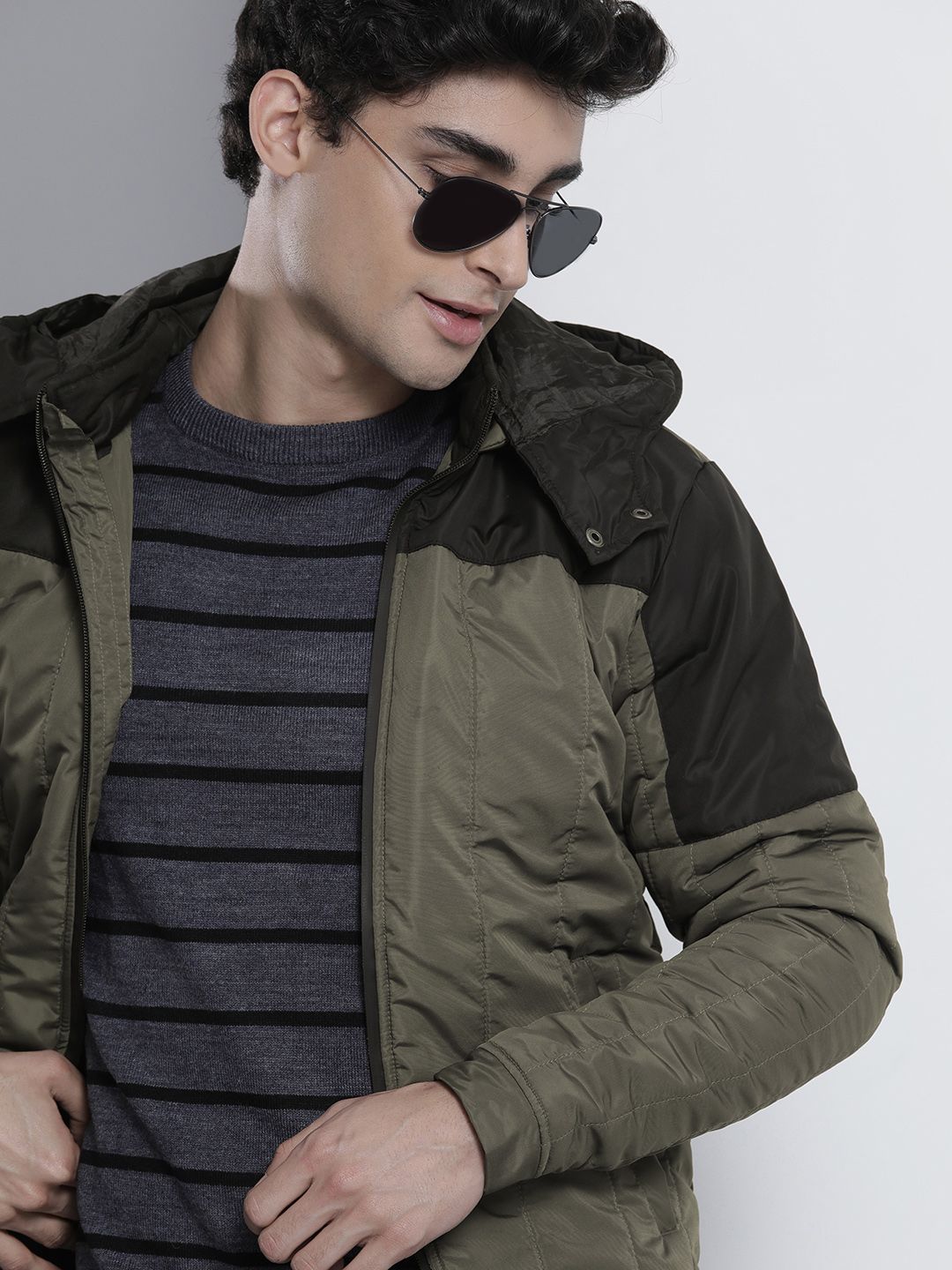 The Indian Garage Co Men Colourblock Zip-Front Slim Fit Bomber Jacket with Detachable Hood