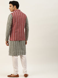 SOJANYA Men Olive Green Chikankari Embroidered Kurta with Churidar & Nehru Jacket