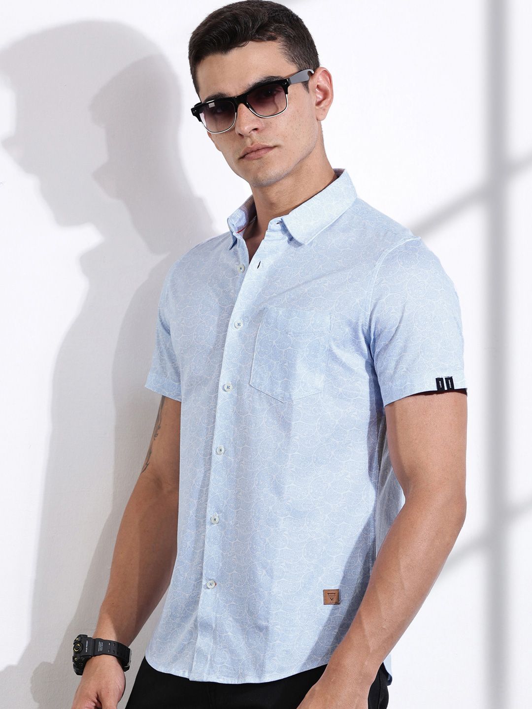 Thomas Scott Men Classic Slim Fit Spread Collar Ethnic Motifs Printed Cotton Knitted Shirt