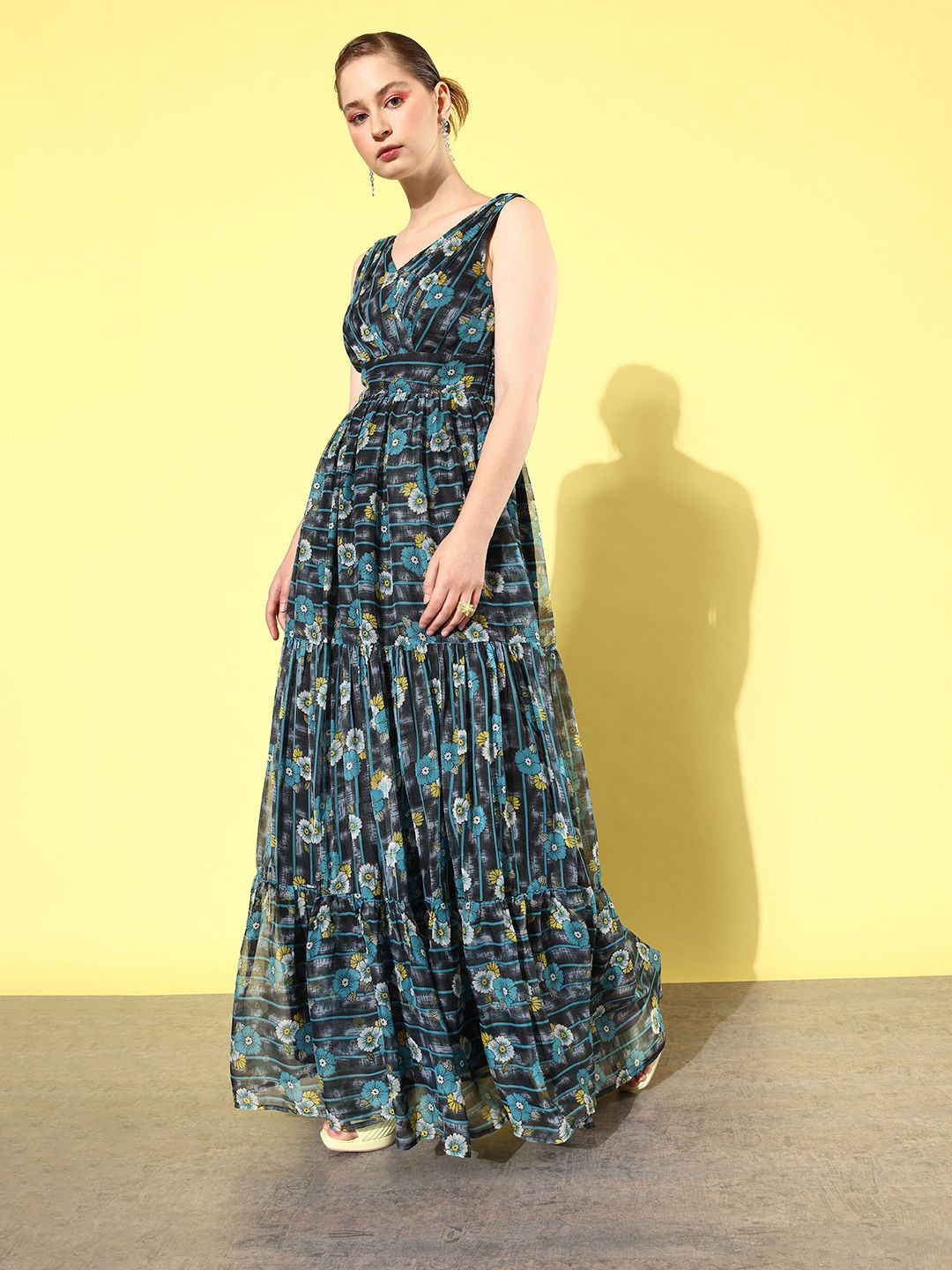 QUIERO Floral Printed Tie-Ups Detailed Georgette Maxi Dress