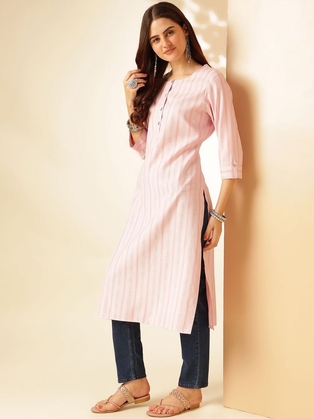Anouk Pink Striped Self Design Round Neck Regular Straight Kurta