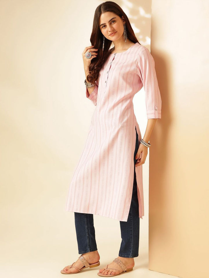 Anouk Pink Striped Self Design Round Neck Regular Straight Kurta