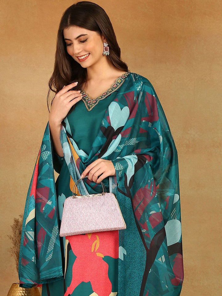 KALINI Floral Printed V-Neck Beads and Stones Kurta with Trousers & Dupatta