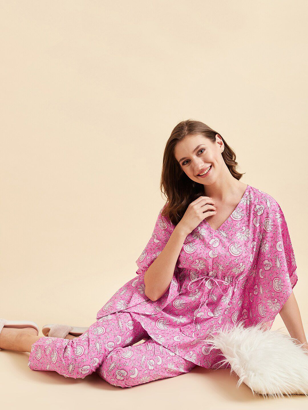 Sweet Dreams Pink & White Ethnic Motifs Printed Pure Cotton Night Suit