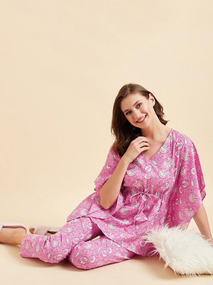 Sweet Dreams Pink & White Ethnic Motifs Printed Pure Cotton Night Suit