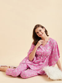Sweet Dreams Pink & White Ethnic Motifs Printed Pure Cotton Night Suit