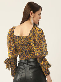 Antheaa Women Navy Blue & Mustard Yellow Abstract Print Bishop Sleeves Smocked Crop Top
