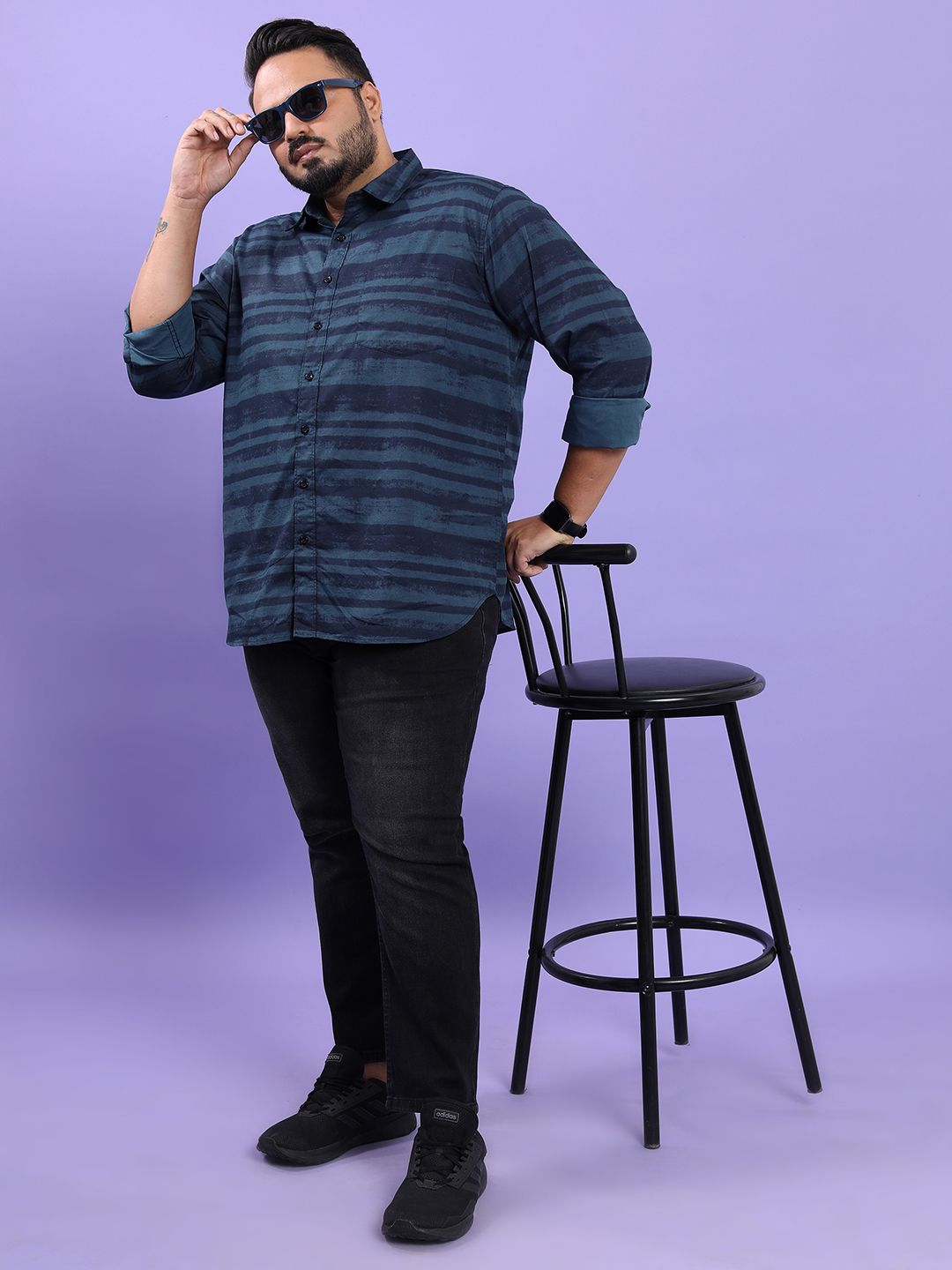 HIGHLANDER Plus Size Horizontal Striped Cotton Casual Shirt