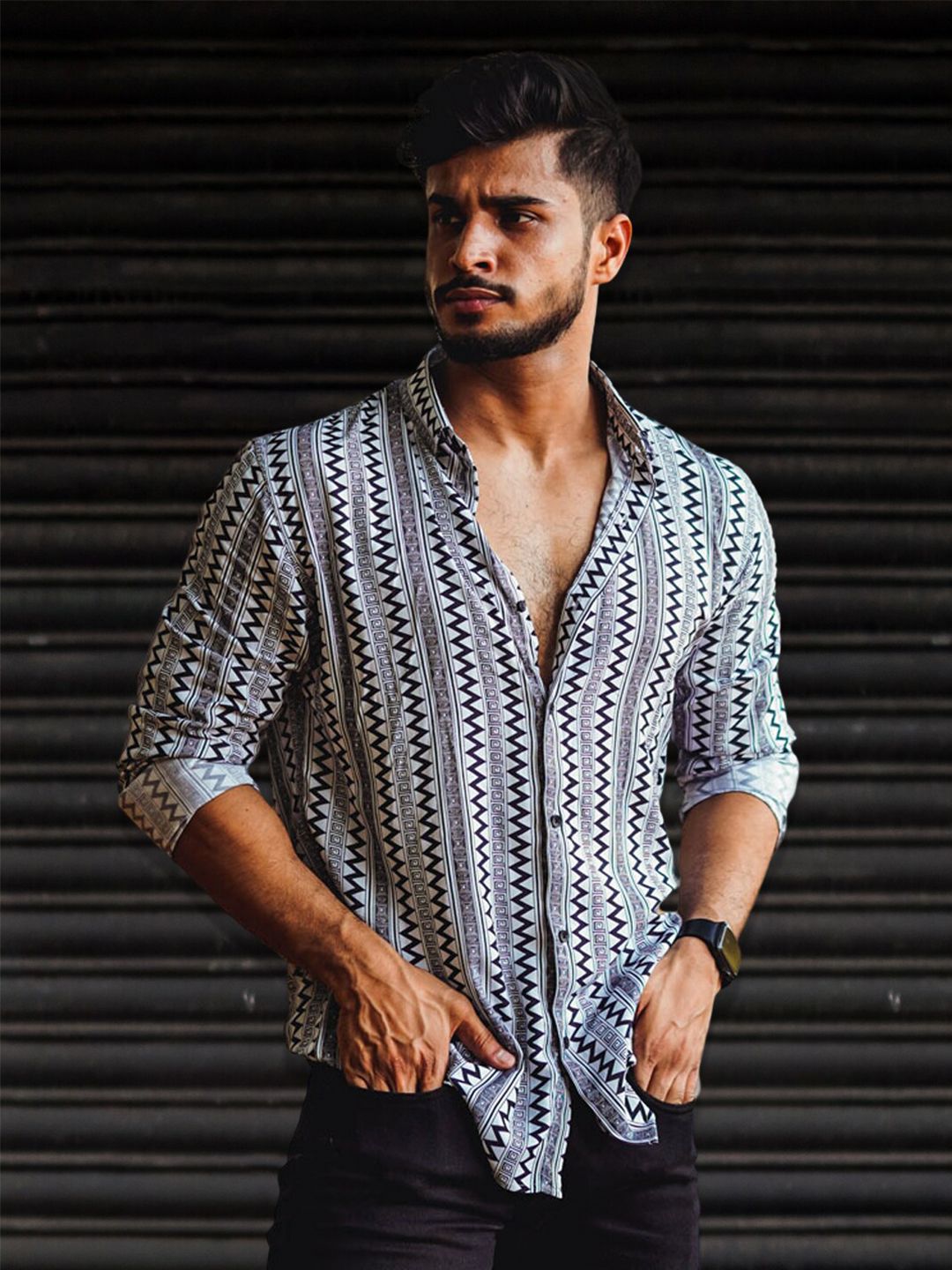 Powerlook White & Black Geometric Printed India Slim Oversized Drop-Shoulder Shirt