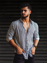 Powerlook White & Black Geometric Printed India Slim Oversized Drop-Shoulder Shirt