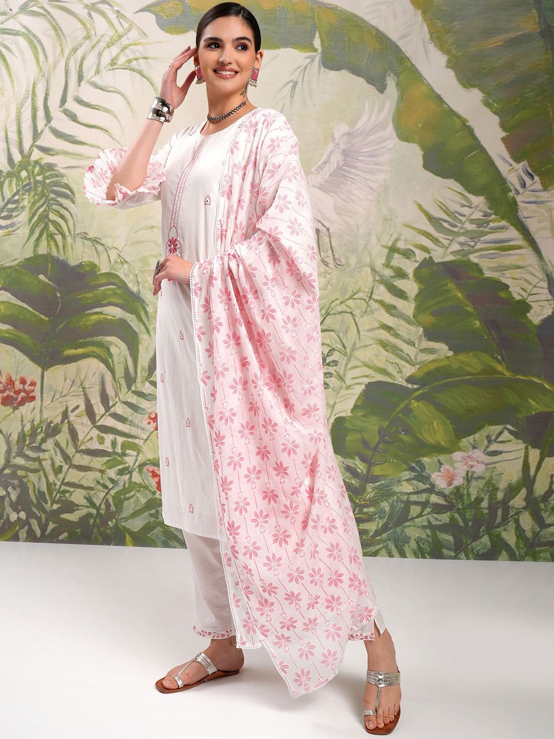 Vishudh Embroidered Regular Thread Work Pure Cotton Kurta with Trouser & Dupatta