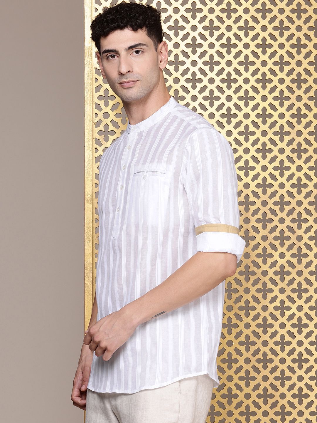 House of Pataudi Band Collar Striped Rozana Kurta