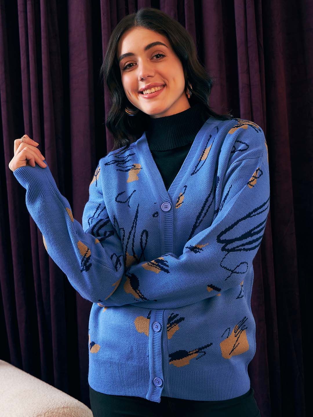 Berrylush Abstract Printed V-Neck Cardigan