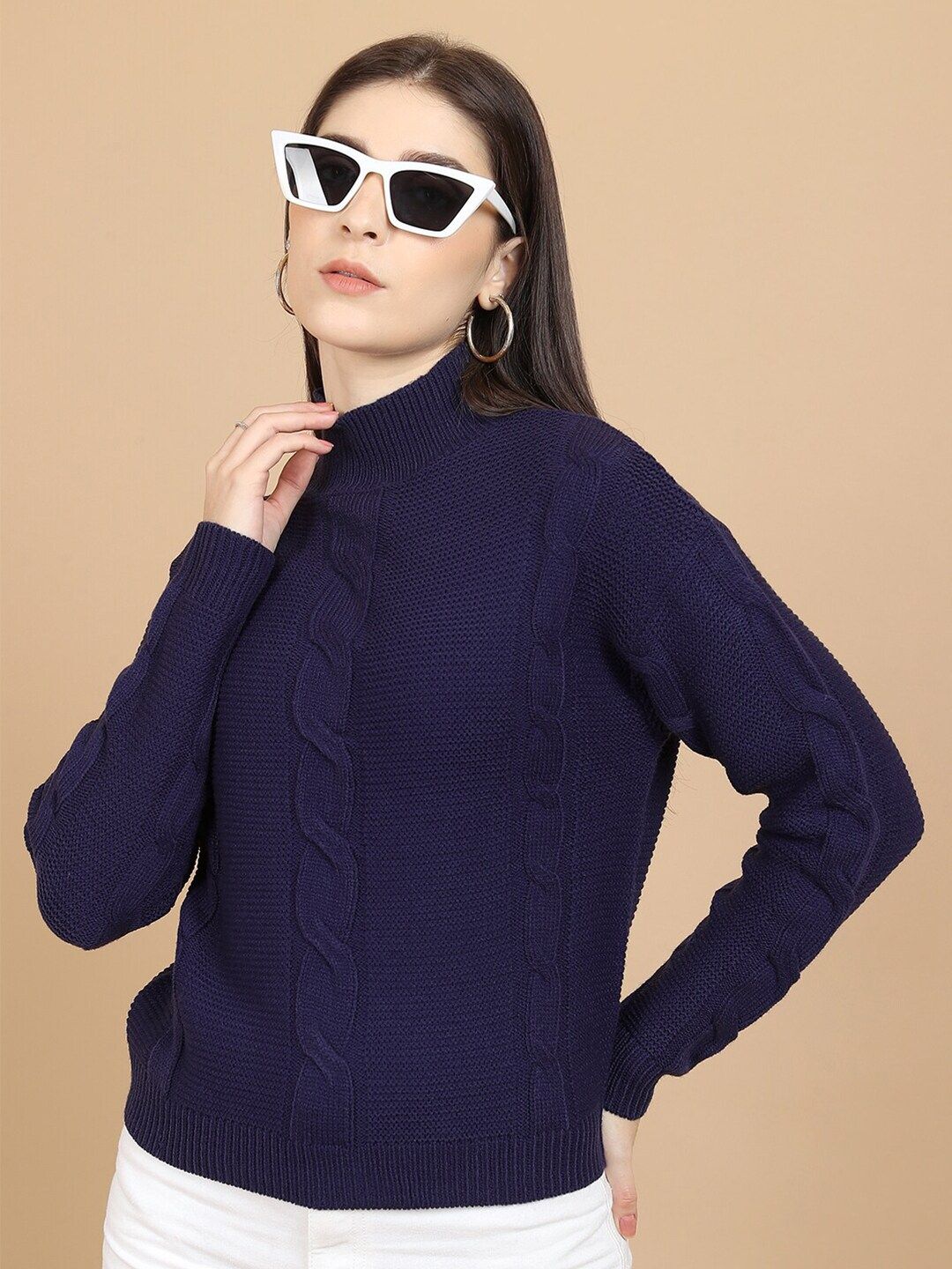 Tokyo Talkies Navy Blue Cable Knit Self Design High Neck Acrylic Pullover Sweater