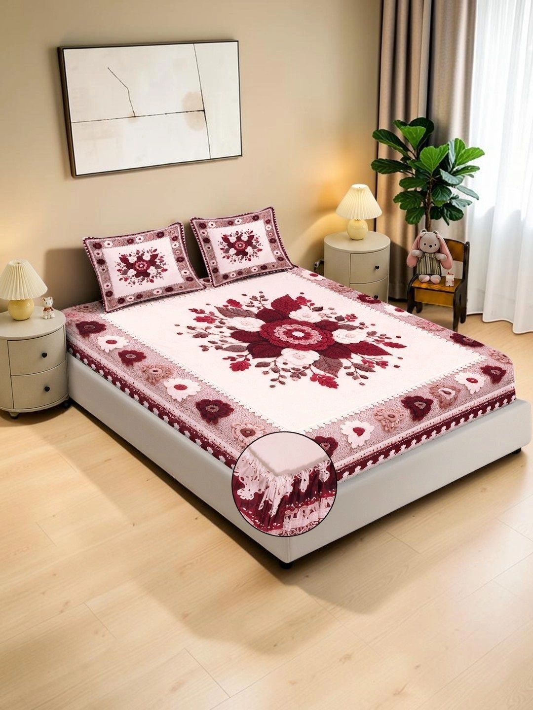 KLOTTHE Maroon & Pink Floral 400 TC Cadar King dengan 2 Sarung Bantal