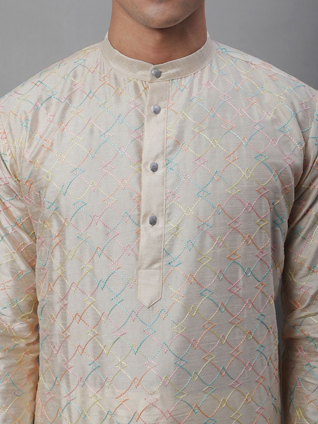 SOJANYA Band Collar Sulam Cotton Silk Kurta