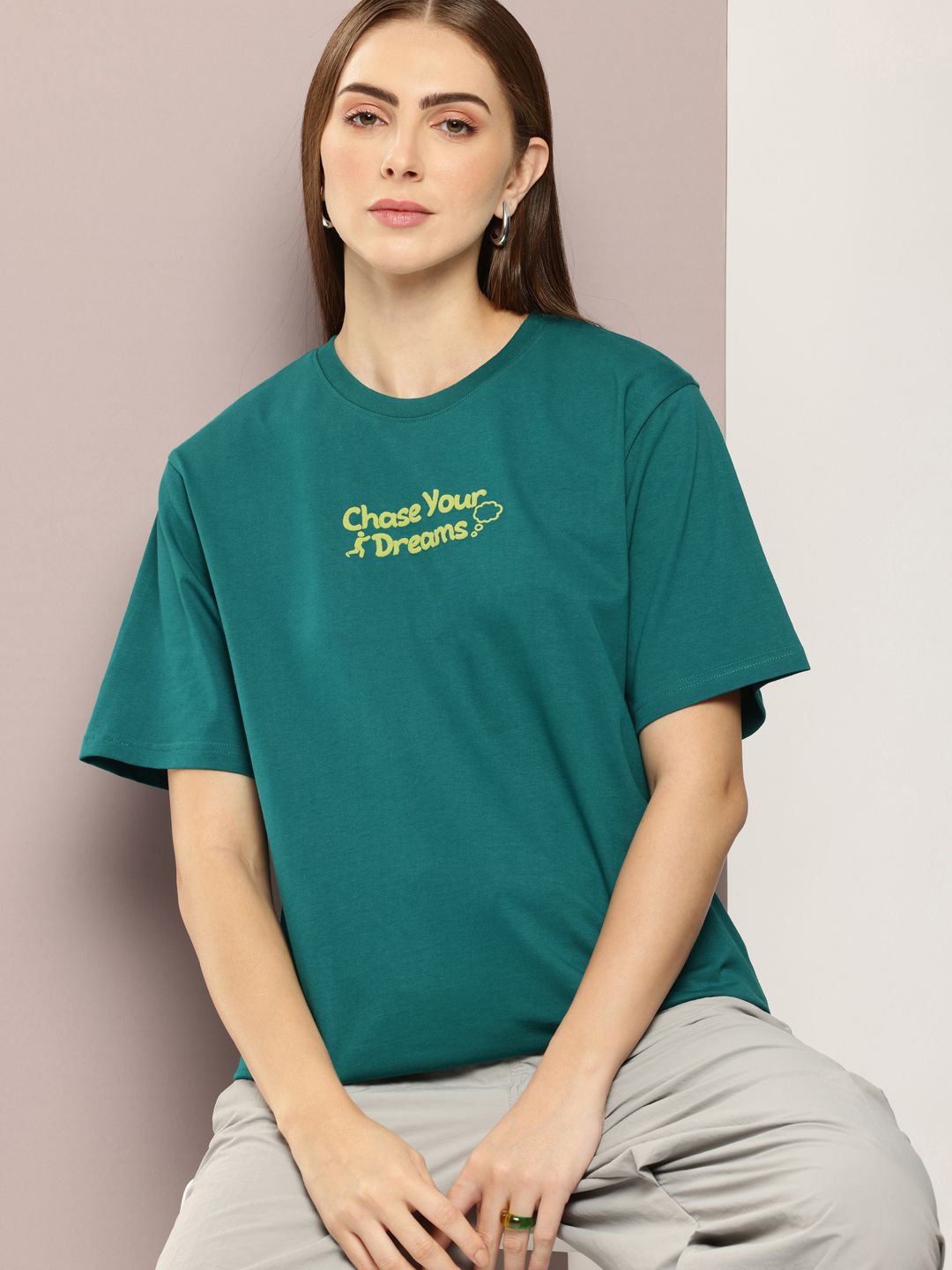 DILLINGER Women Typography Printed Embossed Oversized T-shirt