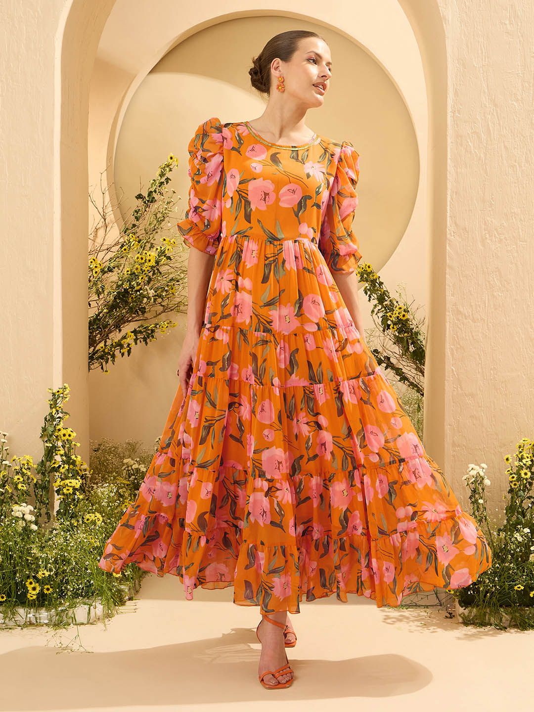 Antheaa Women Embellished Floral Printed Puff Sleeves Tiered Maxi Dress