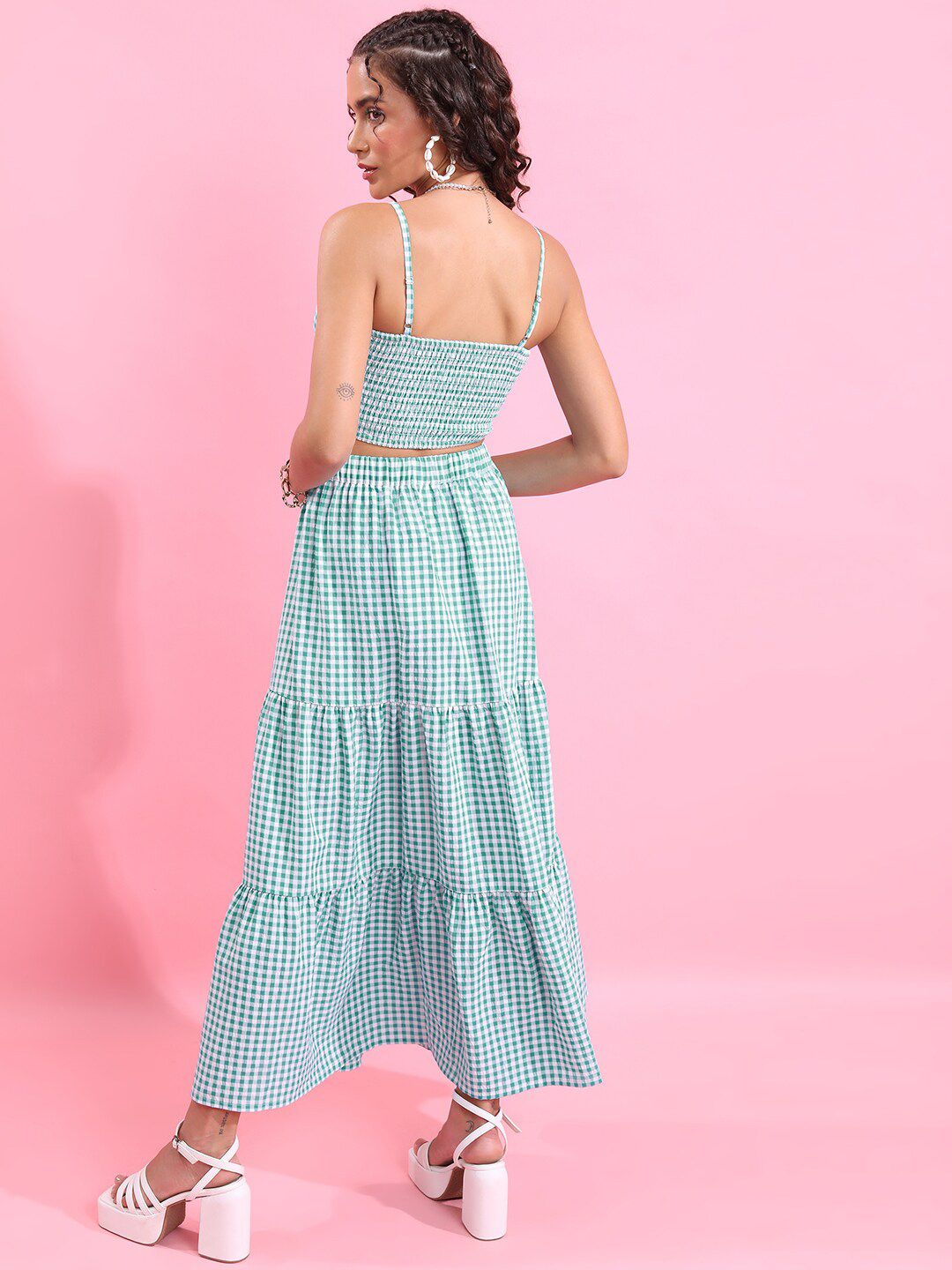 Tokyo Talkies Check Cut Out Cropped Fitted Top With Maxi Skirt