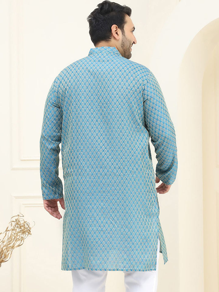 SOJANYA PLUS Men Blue & Golden Jacquard Silk Woven Design Straight Kurta