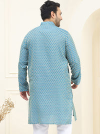 SOJANYA PLUS Men Blue & Golden Jacquard Silk Woven Design Straight Kurta
