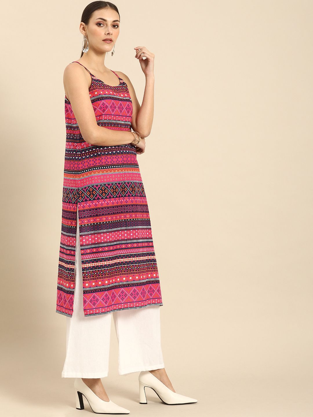 Anouk Women Pink & Navy Blue Striped Kurta