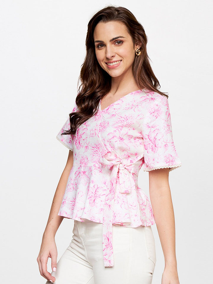 AND Floral Printed Linen Wrap Top