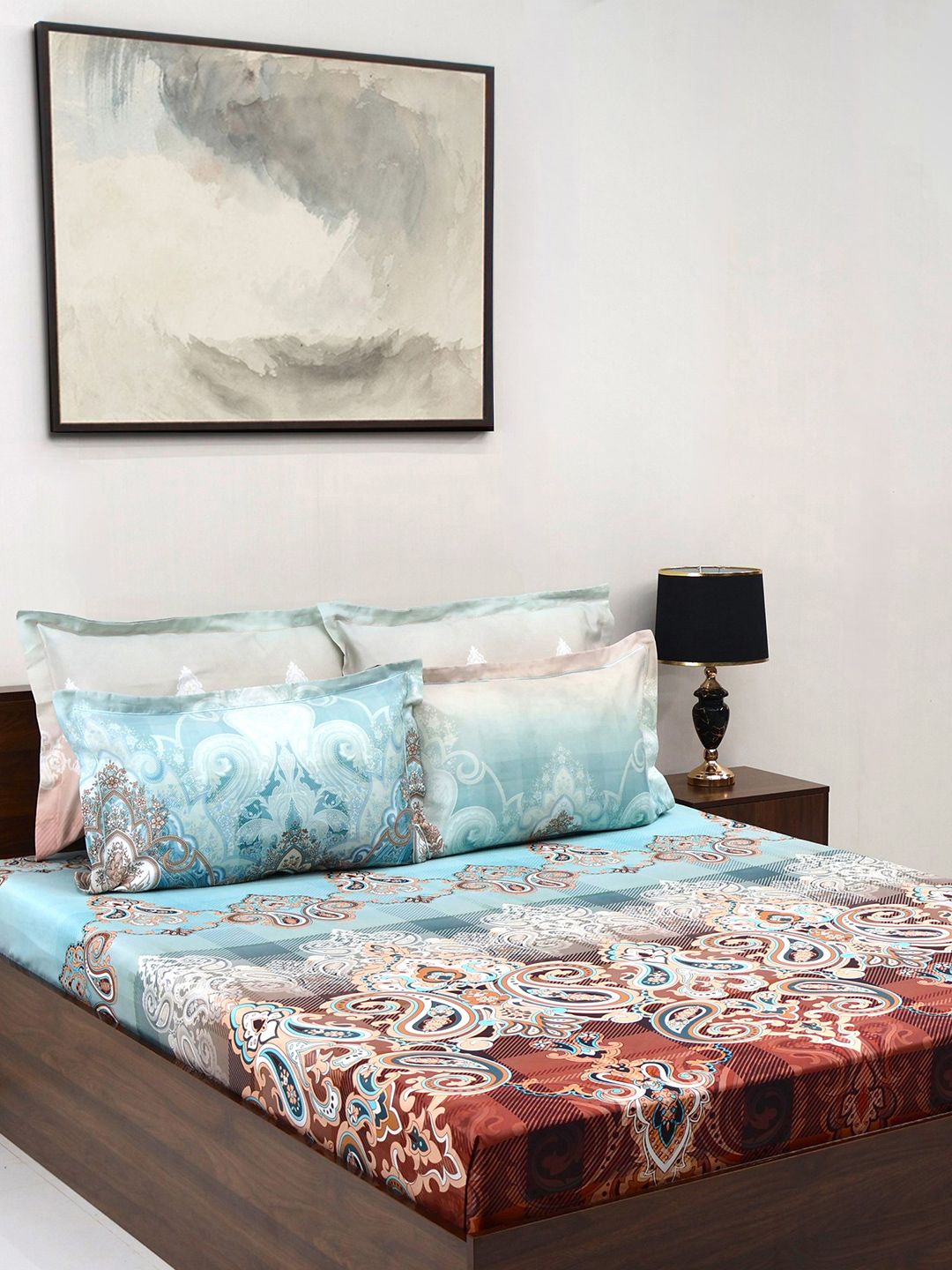 BOMBAY DYEING Ethnicity Turquoise Blue Printed Cotton 300TC King Bedsheet Set 2.74 x 2.74m