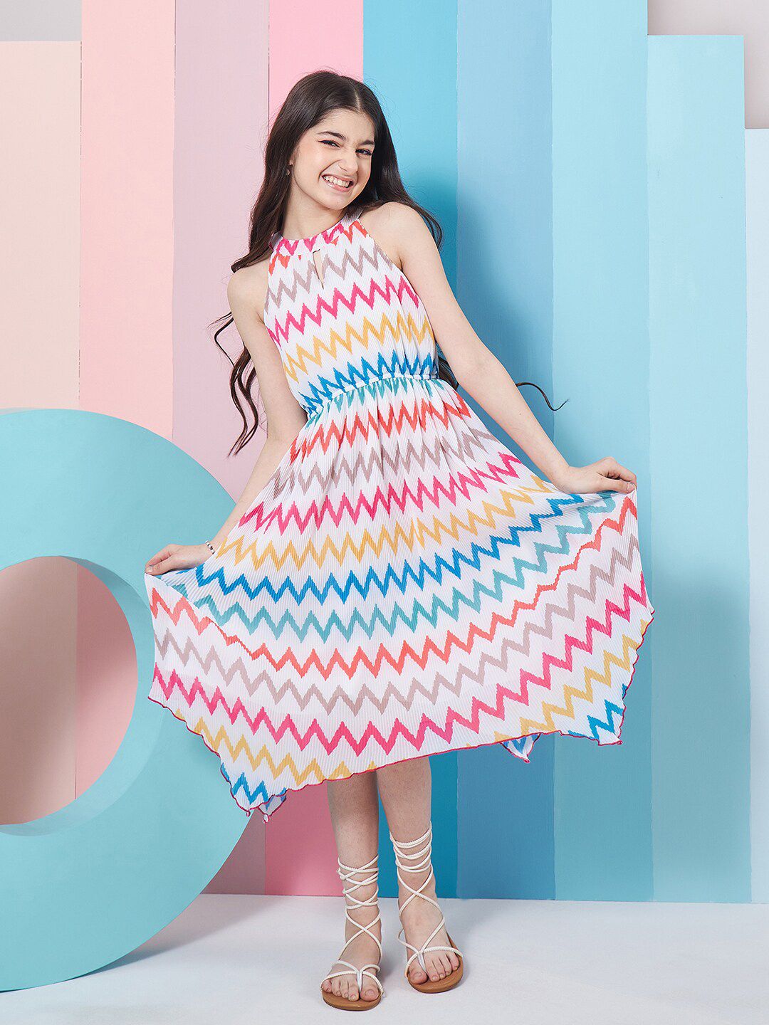 pspeaches Girls Geometric Printed Fit & Flare Midi Dress