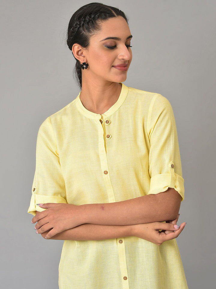 AURELIA Woven Design Mandarin Collar Roll Up Sleeves Straight Short Kurti