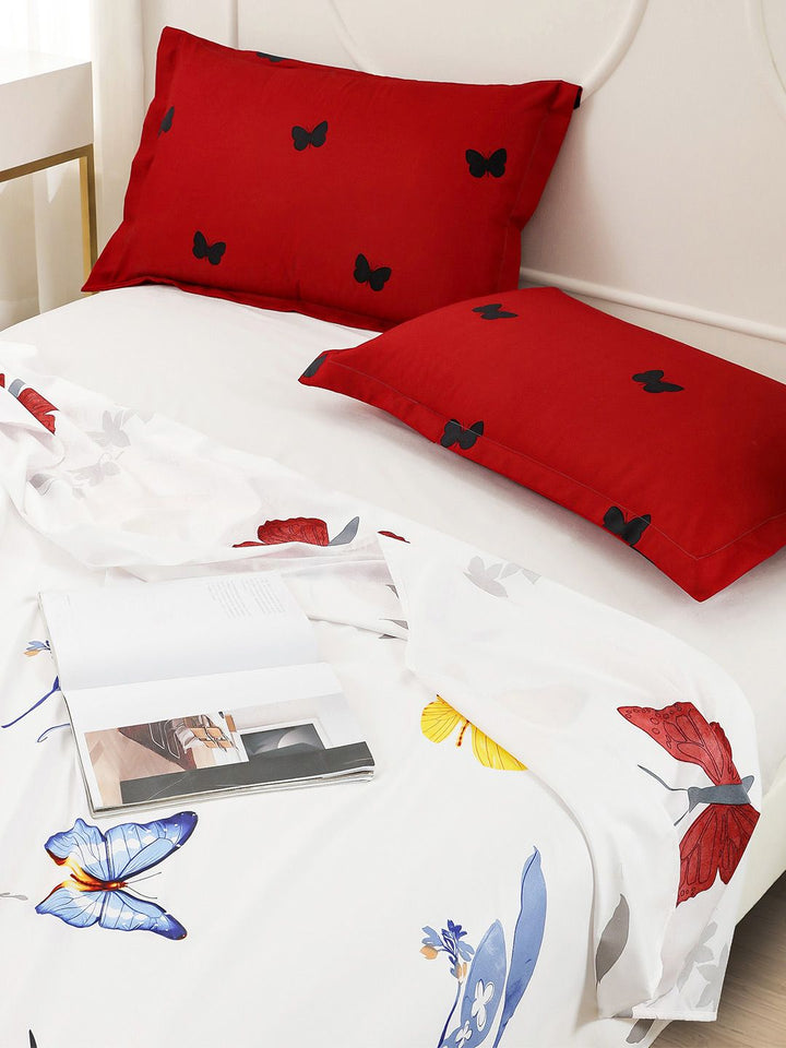 Story@home White & Red Floral Printed 240 TC Satin Finish Queen Bedsheet Set