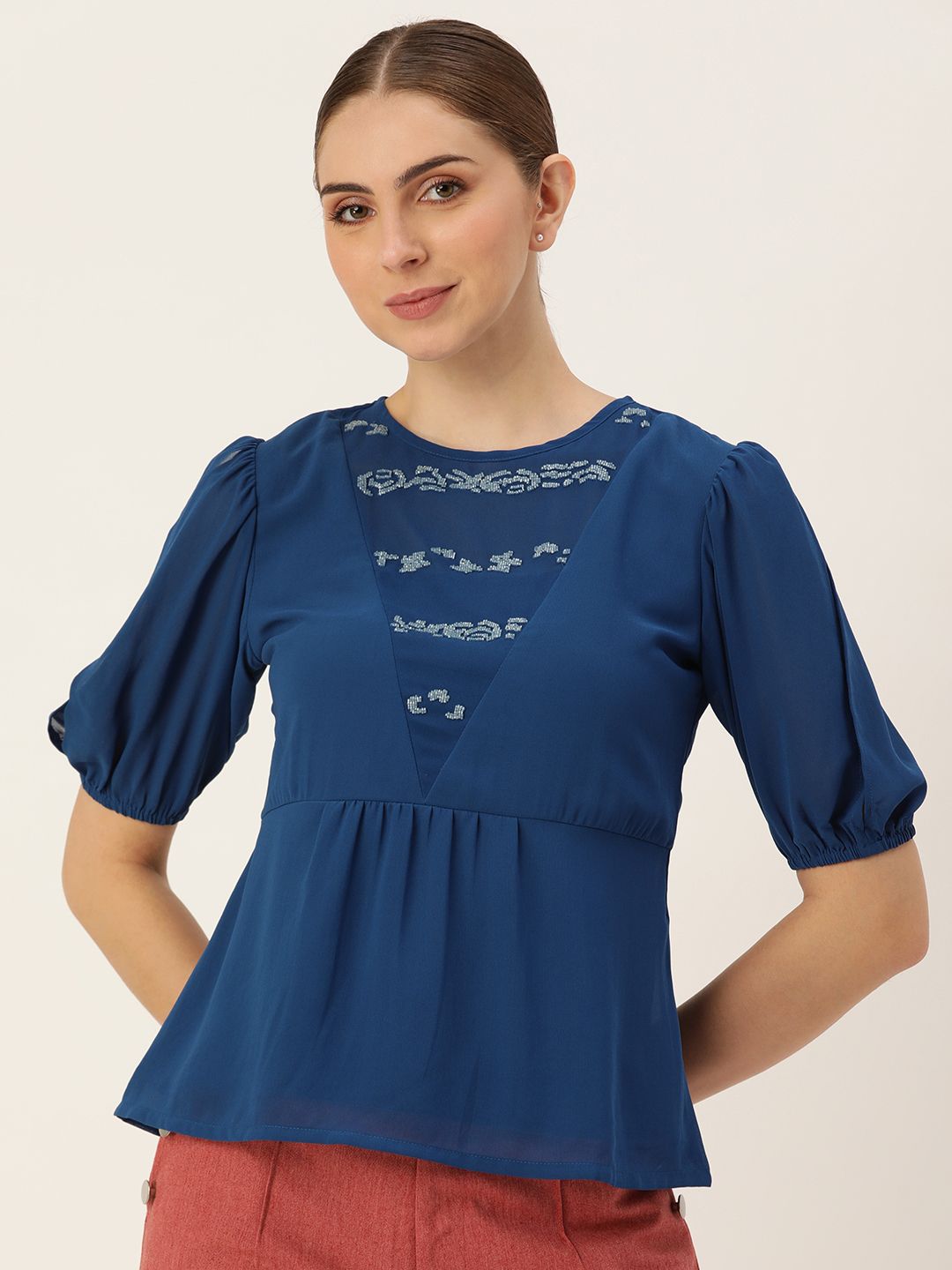 AND Sequined Puff Sleeve A-Line Top