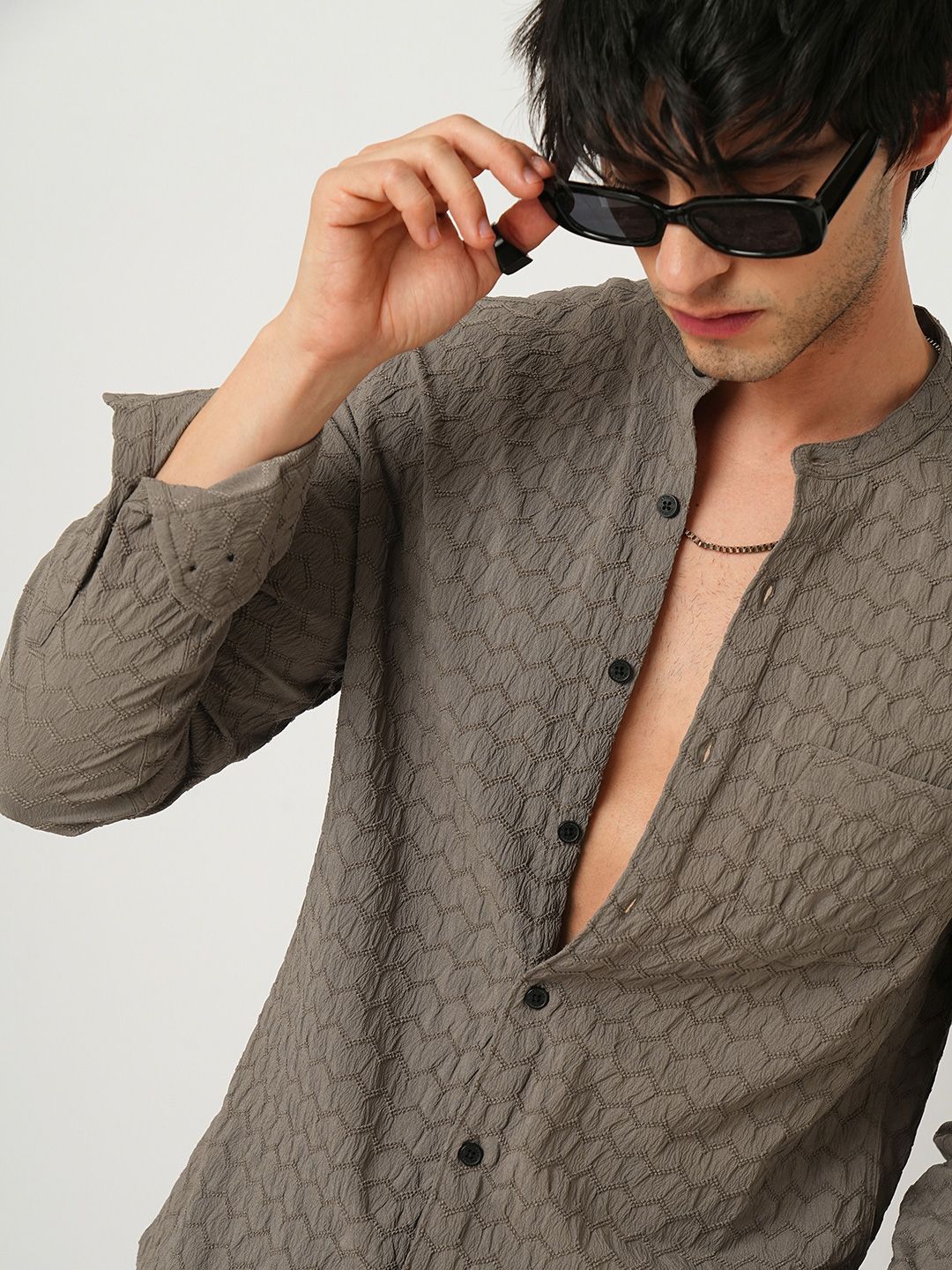 VASTRADO Men Classic Band Collar Textured Slim Fit Casual Shirt